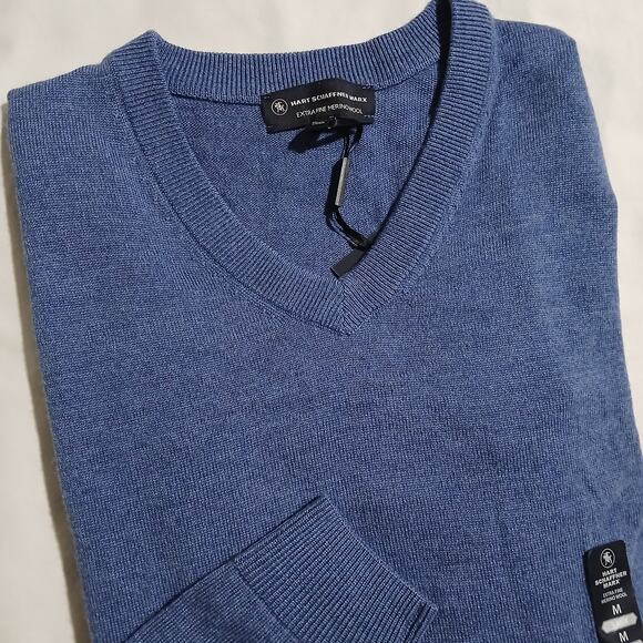 NWT Hart Schaffner Marx Med Men's Blue Merino Wool V-neck Lightweight Sweater - Picture 1 of 12